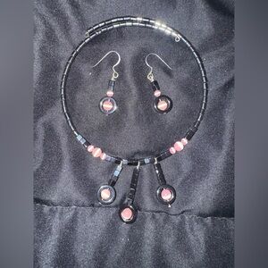 Hematite & pink cats eye choker style necklace with matching earrings